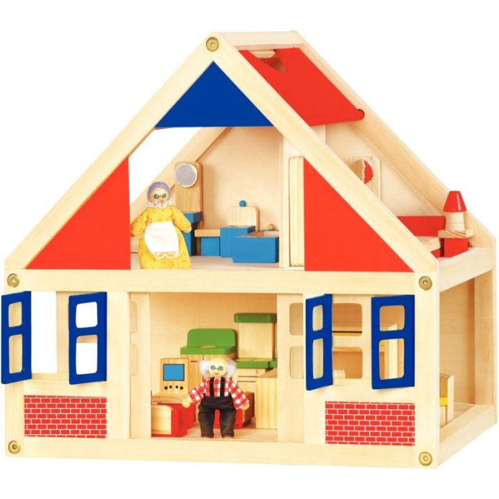 Maison de poupees en bois avec accessoires et personnages